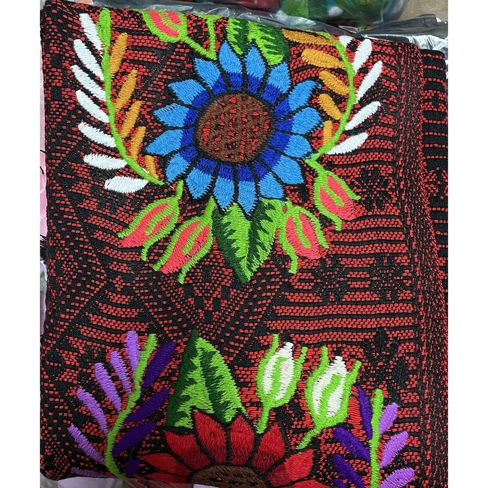 Mexican Embroidered Floral Vest One Size Boho Artisan Fringed Black Red - Picture 3 of 3